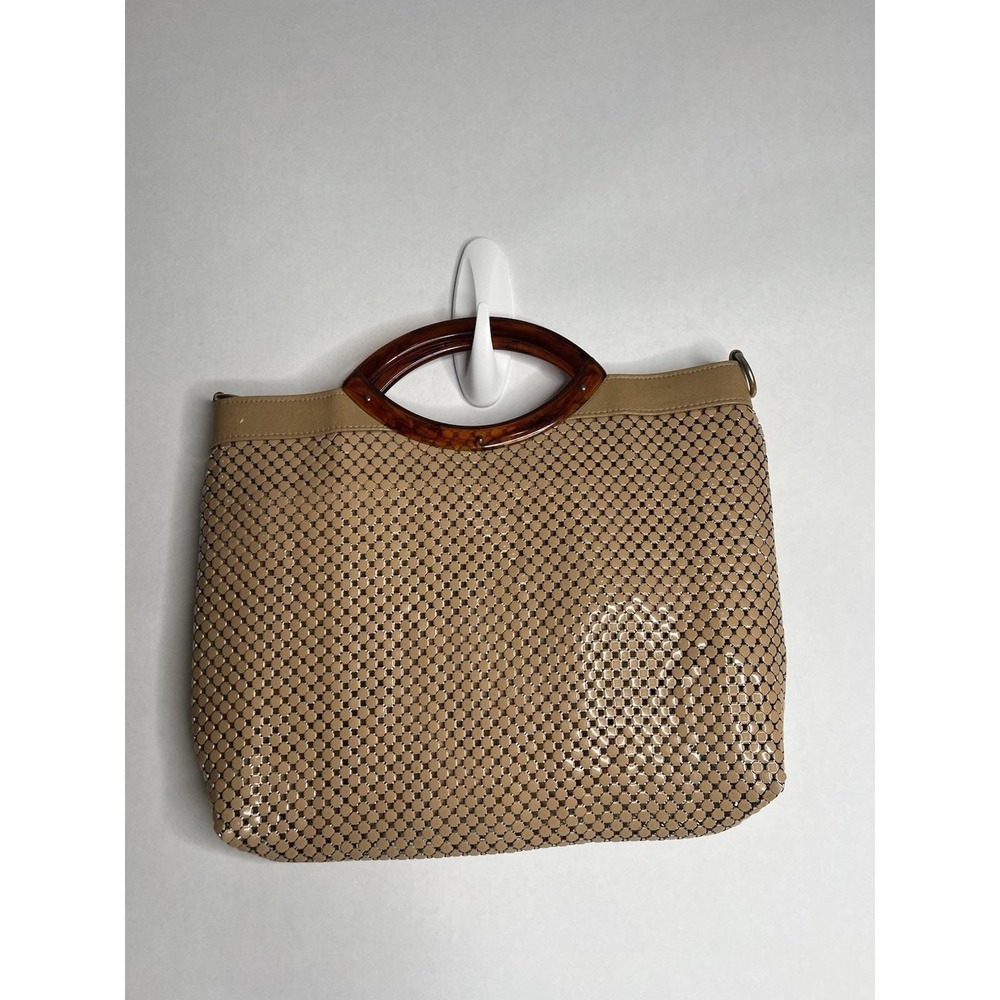 Antique Vintage Whiting & Davis Mesh Metal Hand Bag Beige Taupe Tortoise Handle